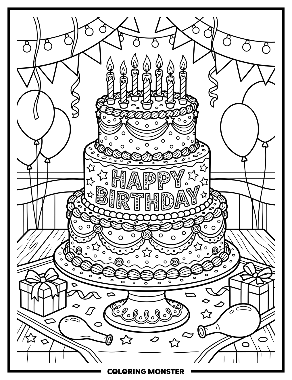 Festive Birthday Cake With Candles Coloring Page