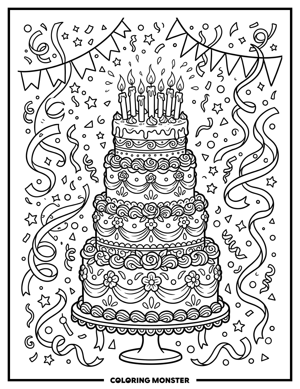 Festive Birthday Cake with Candles Coloring Page