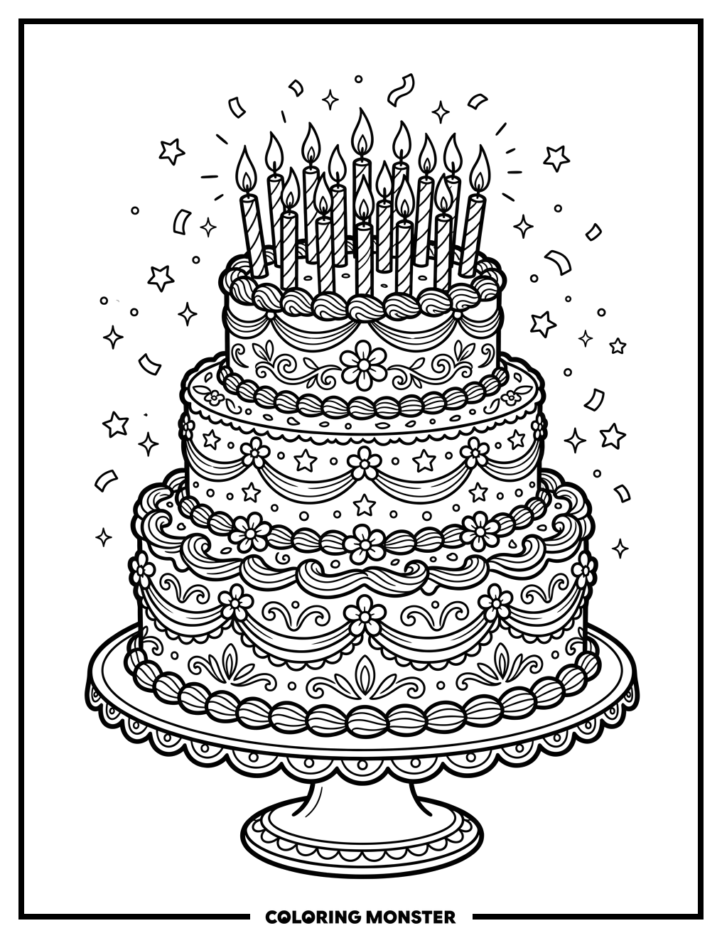 Festive Birthday Cake With Candles Coloring Page
