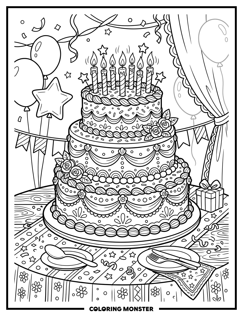 Festive Birthday Cake With Candles Coloring Page