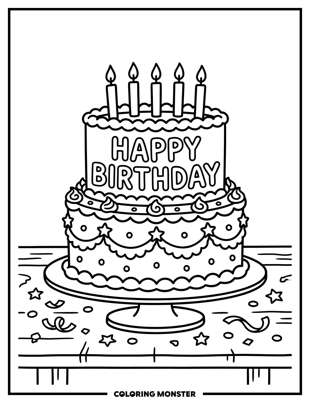 Festive Birthday Cake With Candles Coloring Page