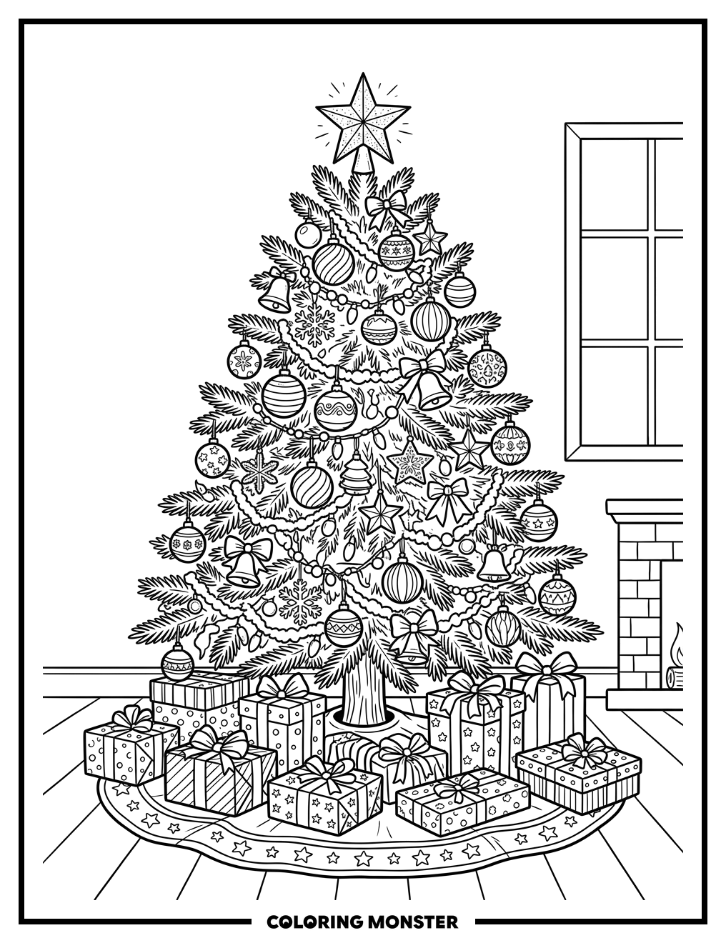 Festive Christmas Tree and Presents Coloring Page