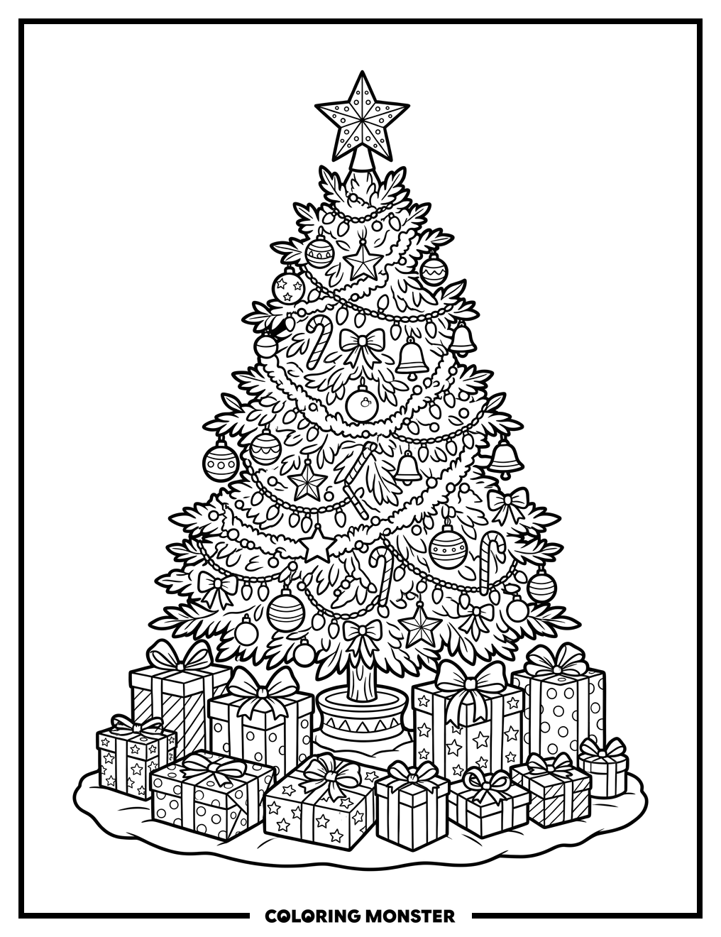 Festive Christmas Tree and Presents Coloring Page