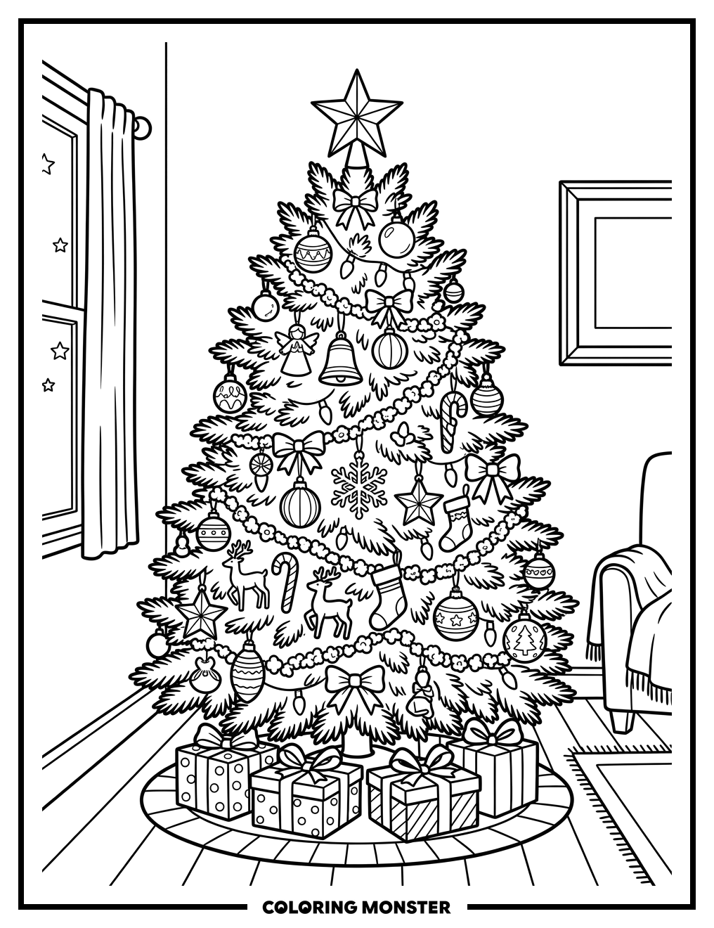 Festive Christmas Tree In A Room Coloring Page