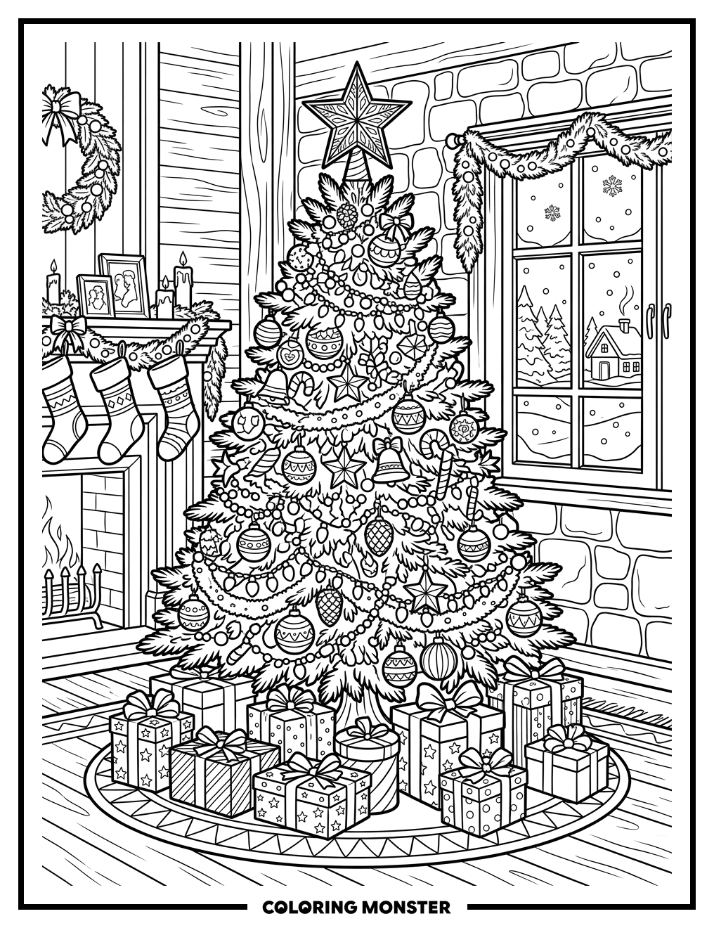 Festive Christmas Tree with Presents Coloring Page