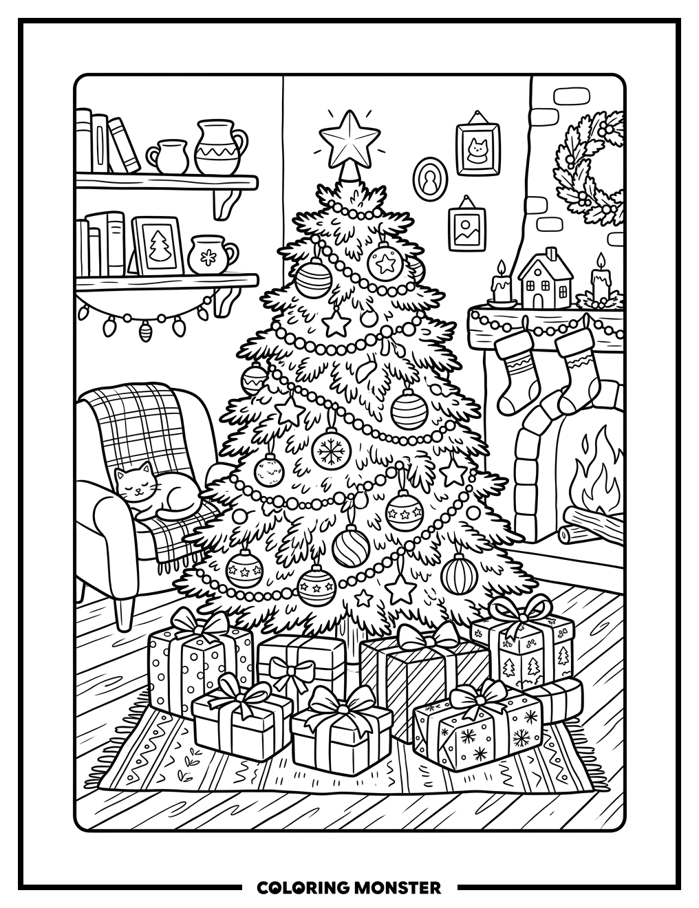 Festive Christmas Tree With Presents Coloring Page