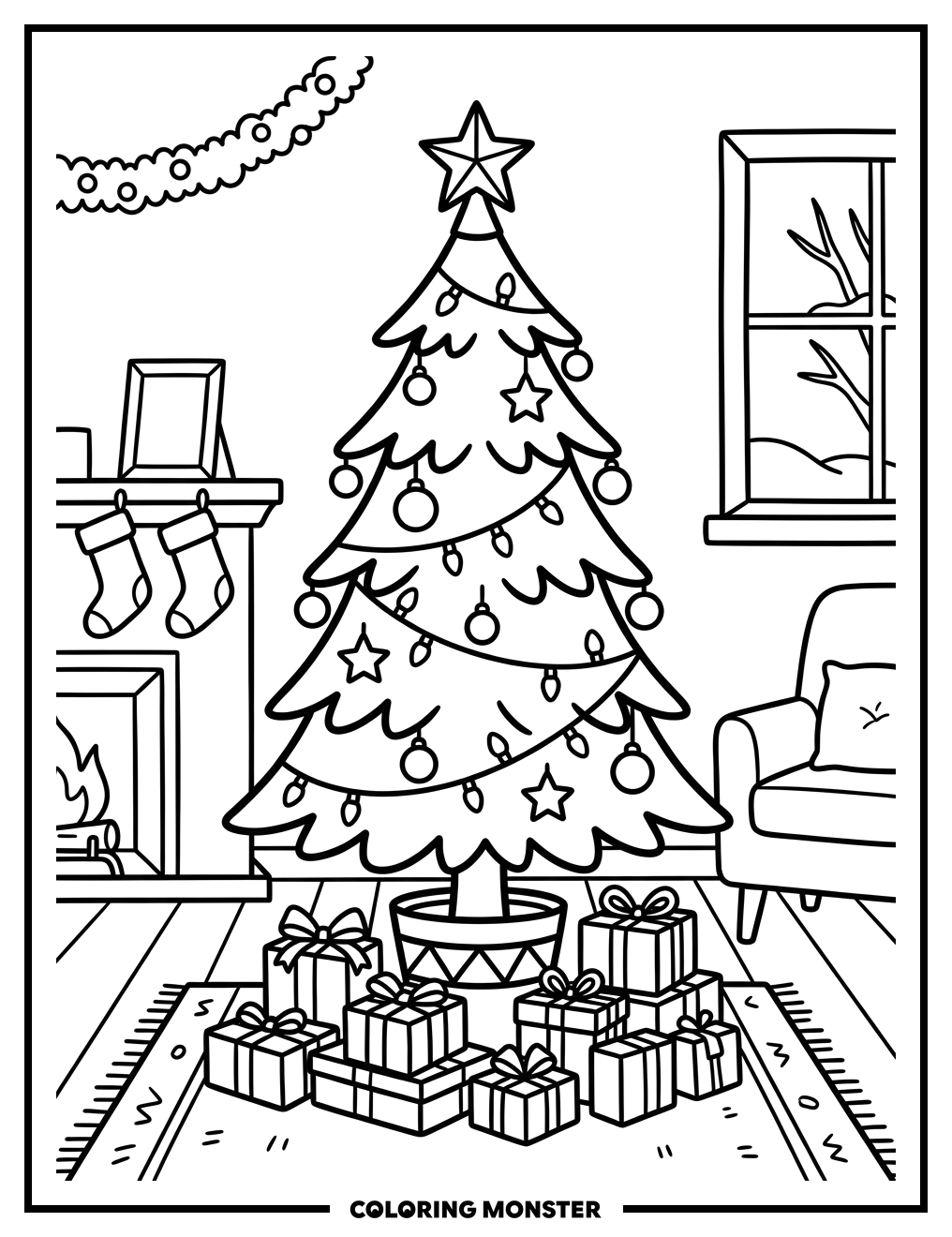 Festive Christmas Tree With Presents Coloring Page