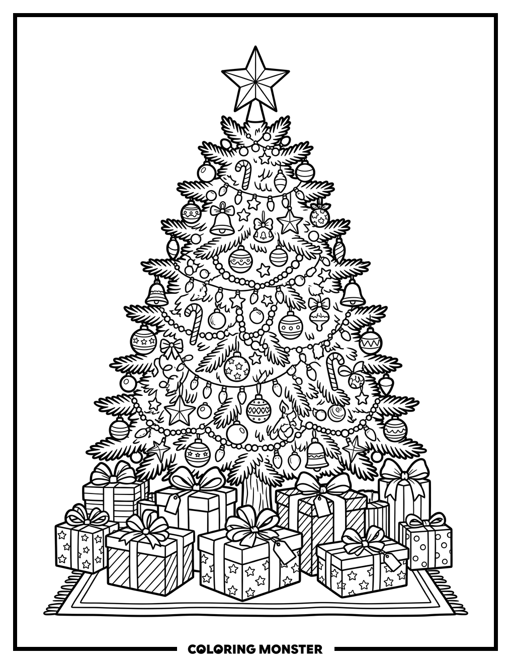 Festive Christmas Tree with Presents Coloring Page
