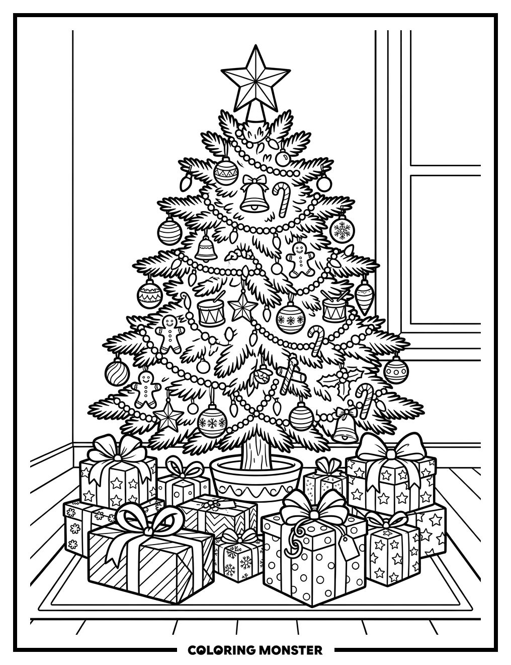 Festive Christmas Tree with Presents Coloring Page