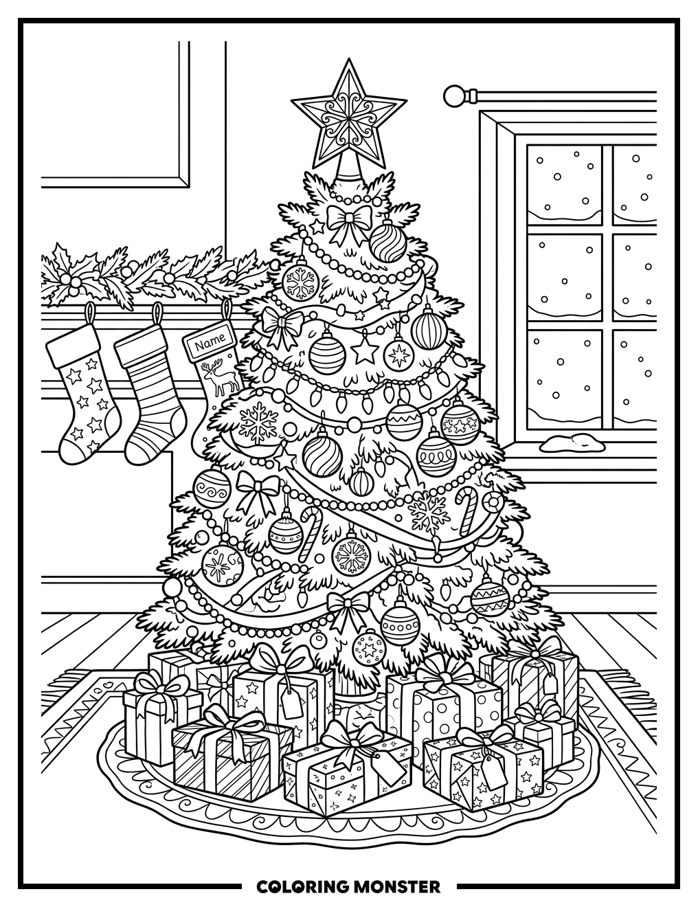 Festive Christmas Tree With Presents Coloring Page