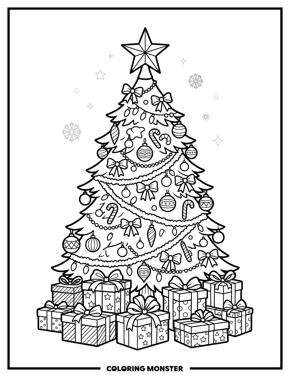 Festive Christmas Tree with Presents Coloring Page