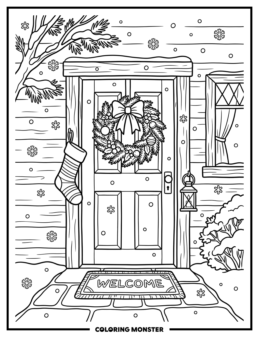Festive Front Door with Snow Coloring Page