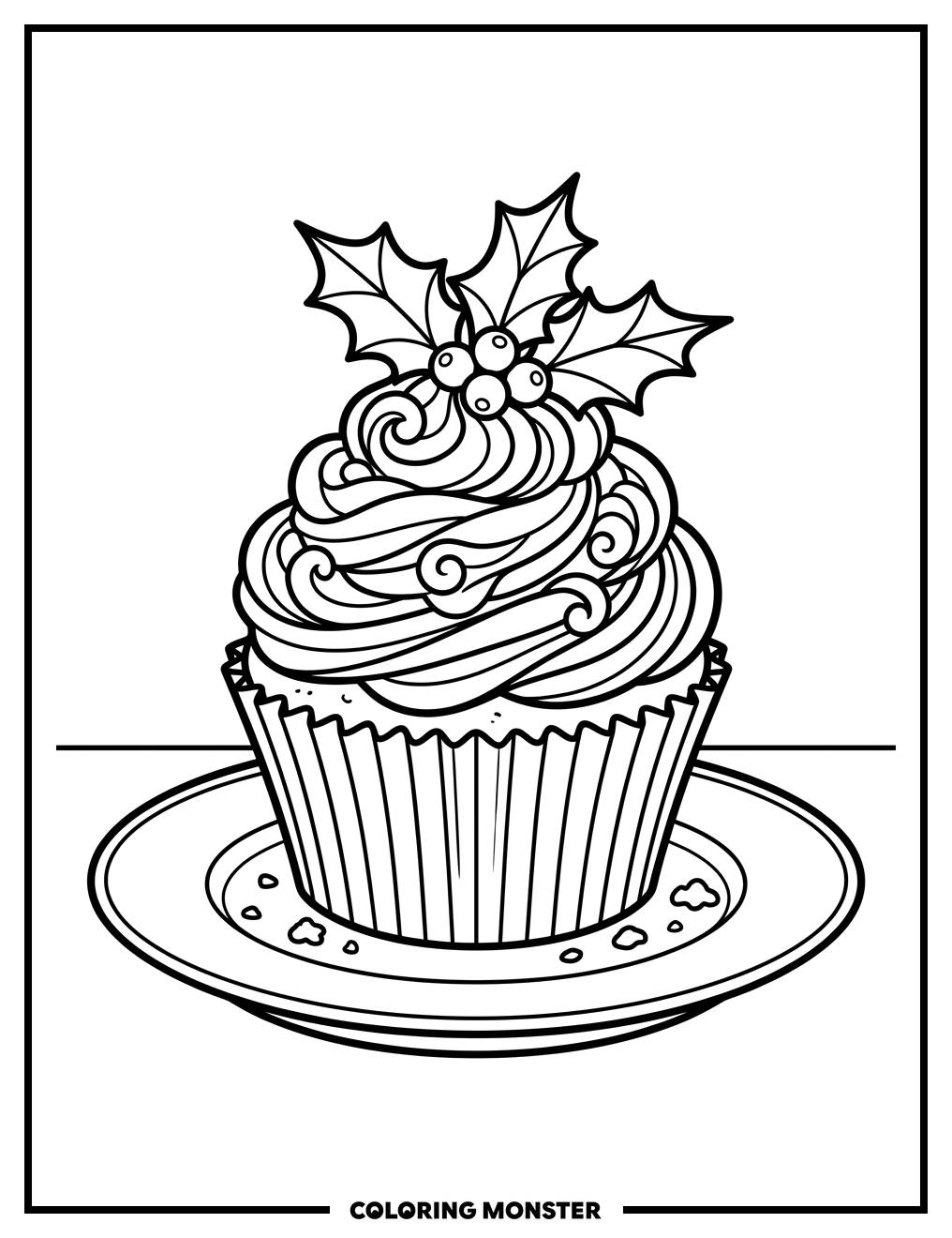 Festive Frosted Cupcake on a Plate Coloring Page
