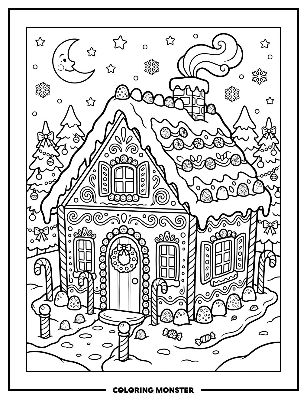 Festive Gingerbread House in Snow Coloring Page