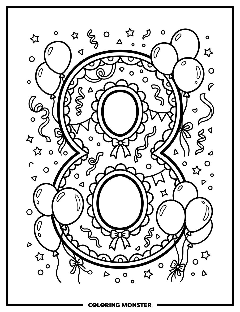 Festive Number Eight With Balloons Coloring Page