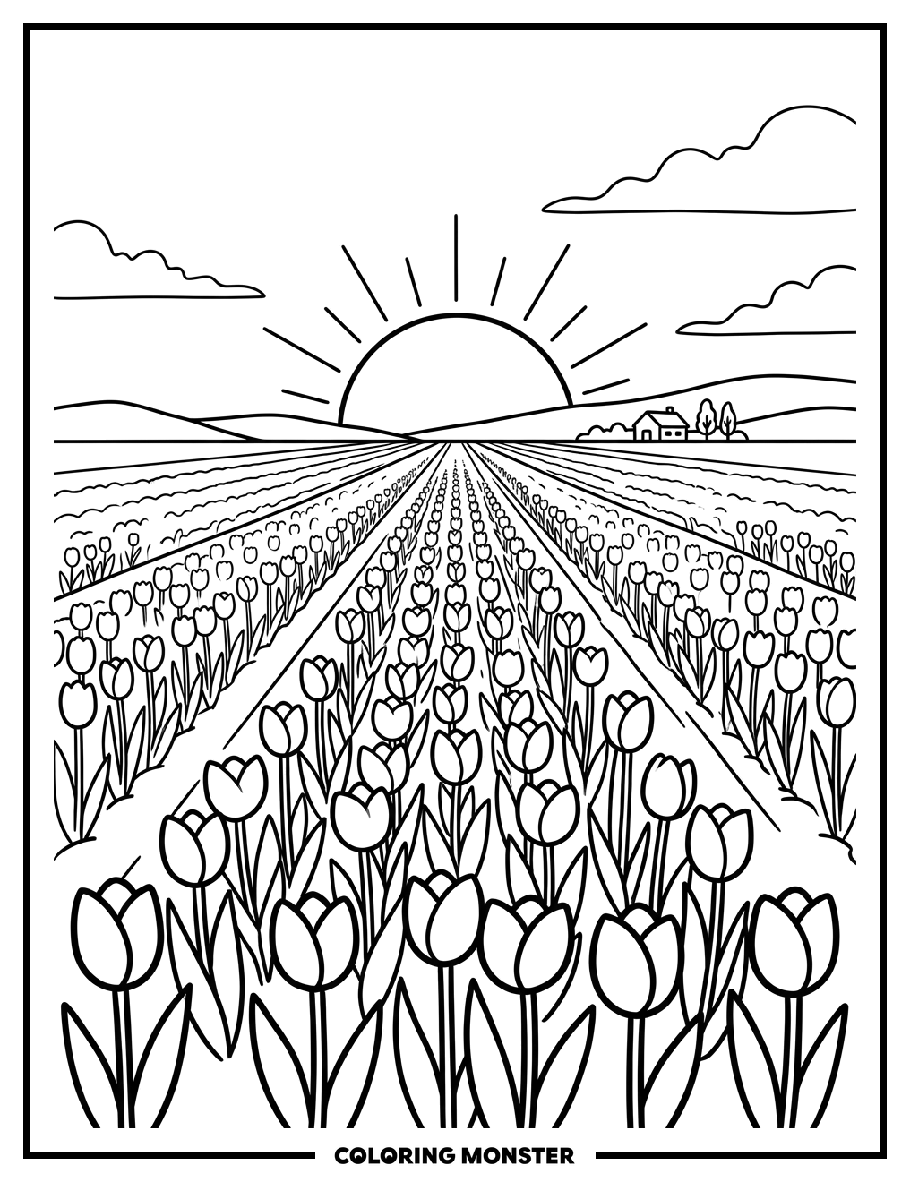 Field Of Tulips At Sunrise Coloring Page