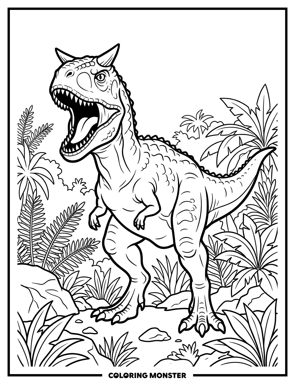 Fierce Carnotaurus Roaring Among Ferns Coloring Page