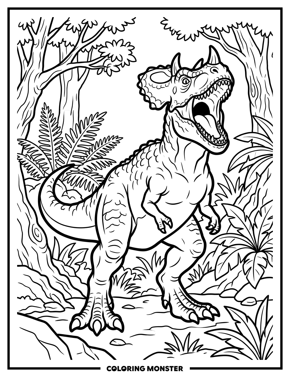 Fierce D-Rex Dinosaur Roaring in Jungle Coloring Page