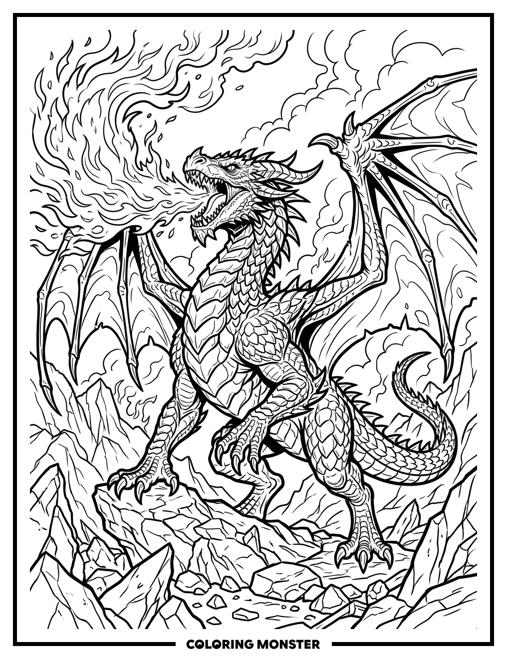 Fierce Dragon Breathing Fire Coloring Page