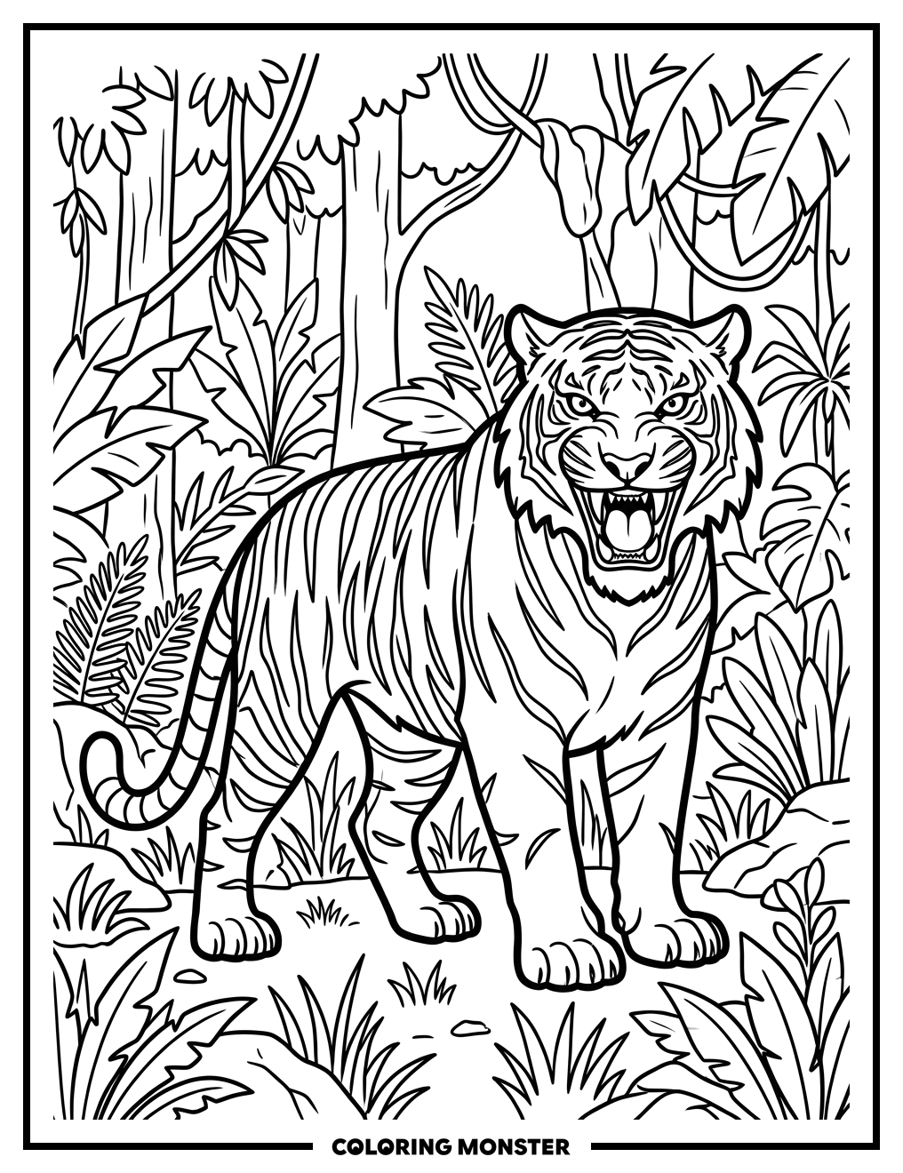 Fierce Tiger Prowling in Jungle Coloring Page
