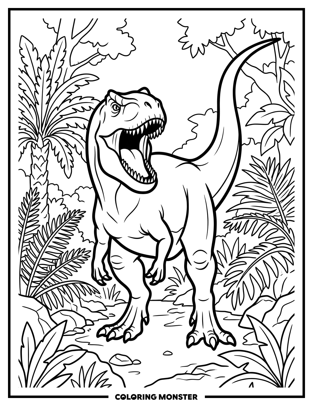 Fierce Yangchuanosaurus Roaring in Jungle Coloring Page