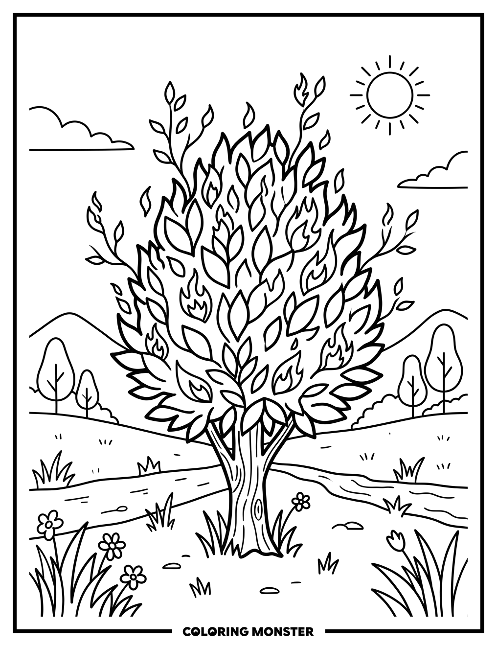 Fiery Autumn Bush Coloring Page