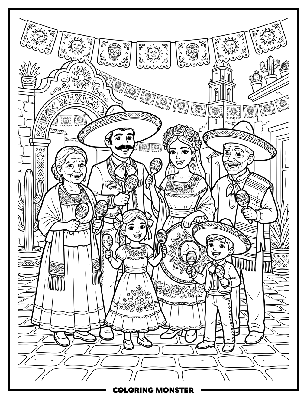 Fiesta Family In Mexican Plaza Coloring Page