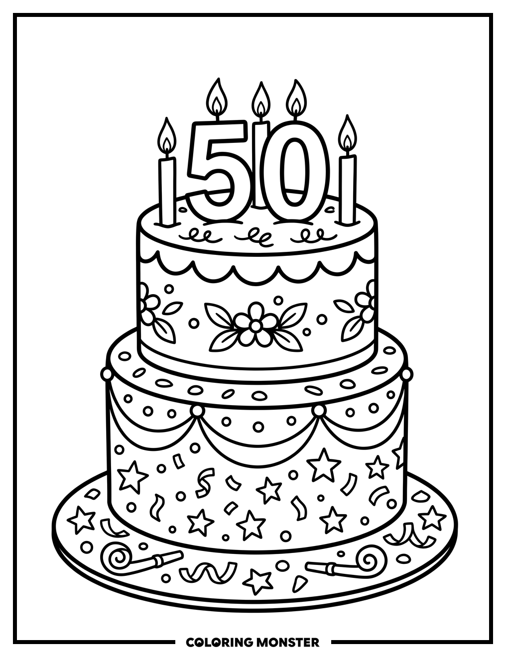 Fifty Birthday Cake Coloring Page