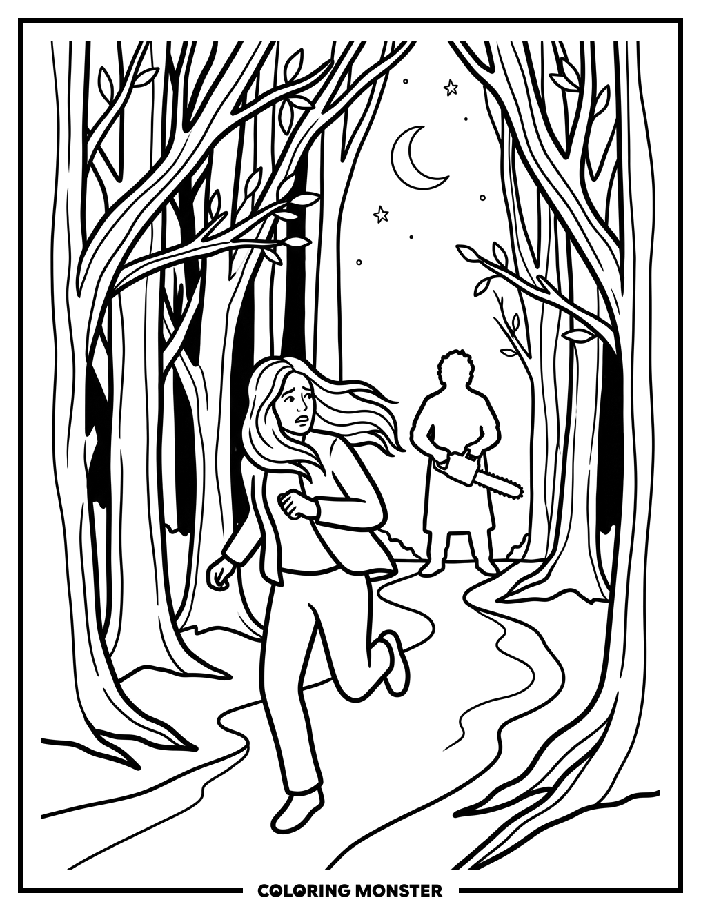 Figure Flees Through Dark Woods Coloring Page