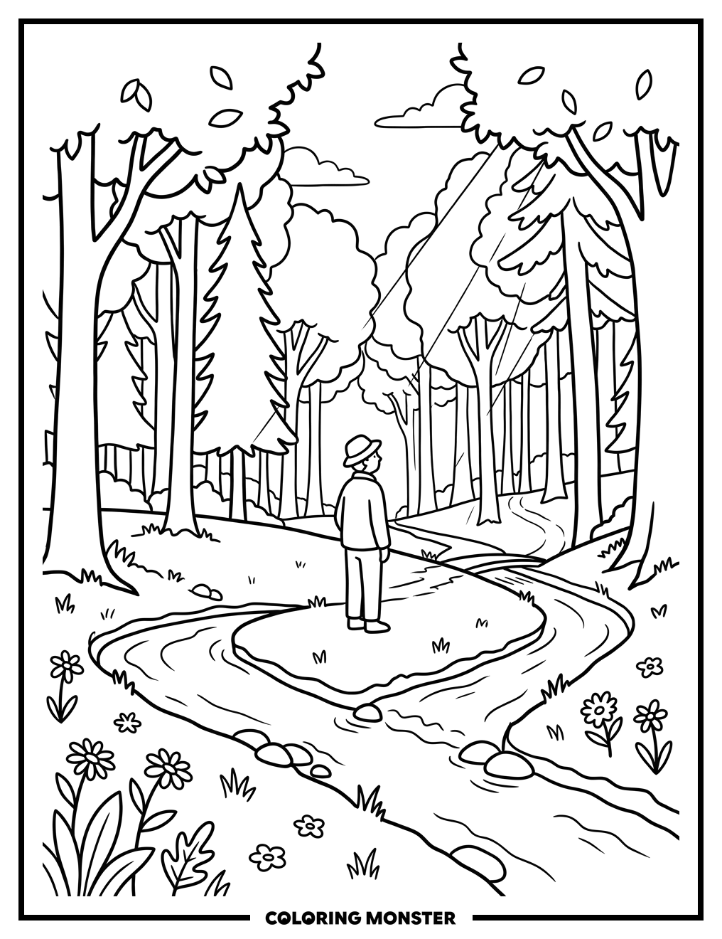 Figure in Sun-Dappled Forest Clearing Coloring Page