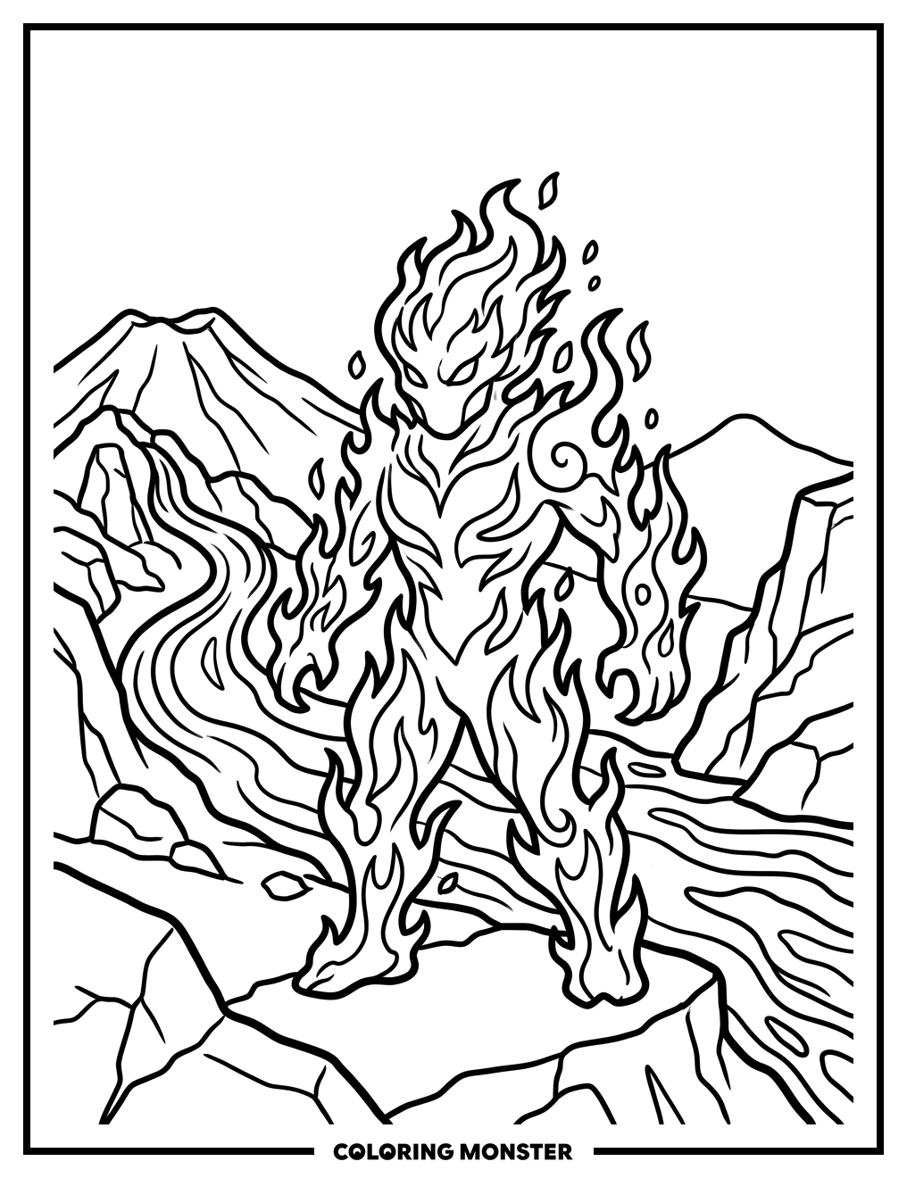 Fire Elemental In Volcanic Landscape Coloring Page