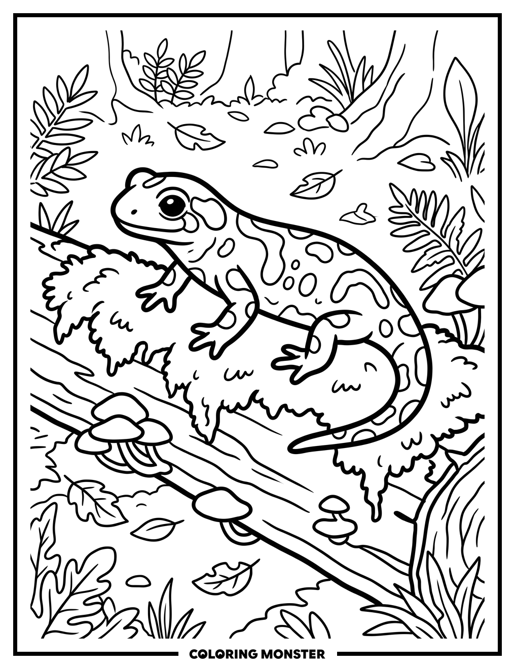 Fire Salamander on Mossy Log Coloring Page