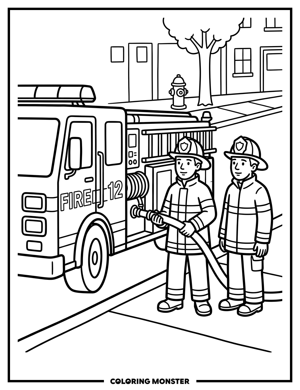 Fire Truck and Firefighters Coloring Page