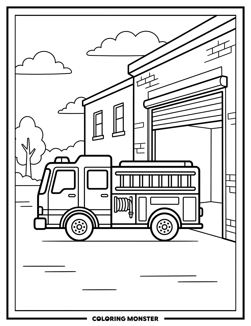 Fire Truck at Station Coloring Page