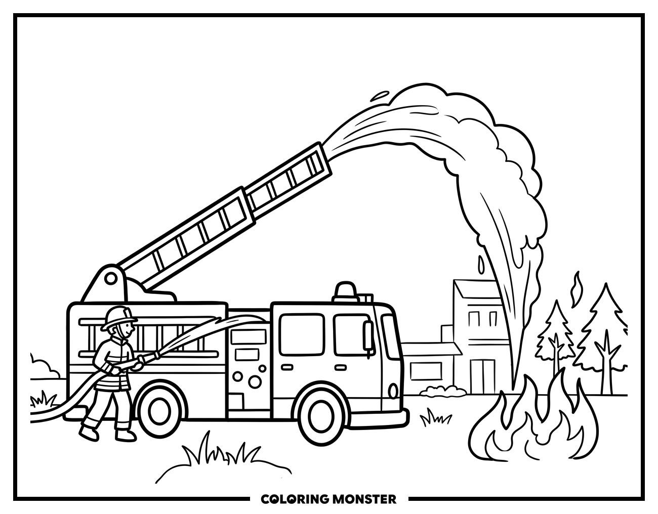 Fire Truck Dousing Flames Coloring Page