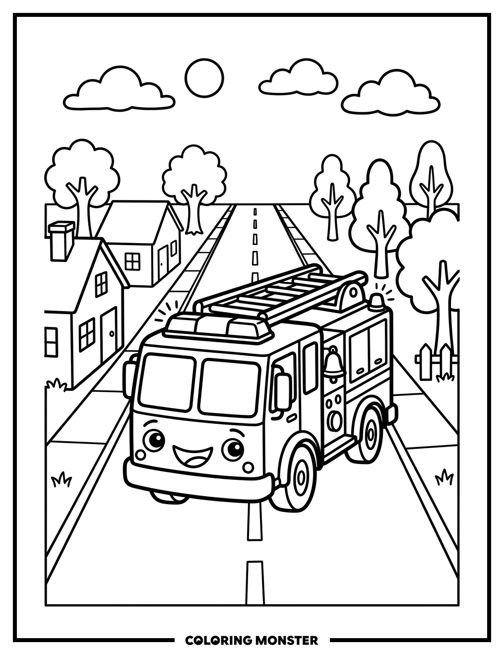 Fire Truck on a Simple Road Coloring Page