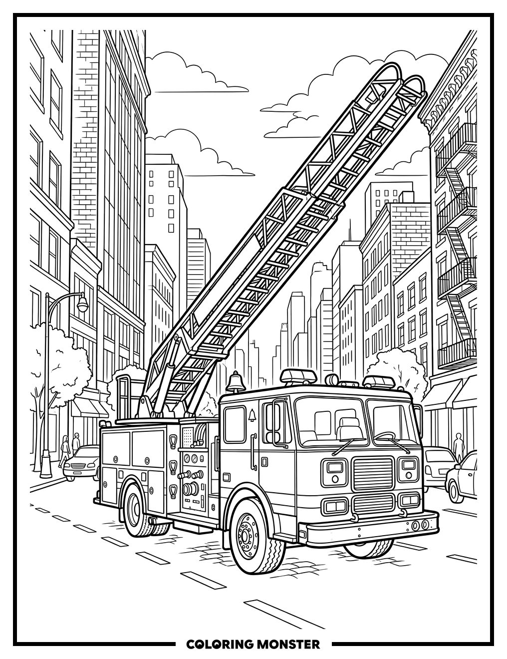 Fire Truck on City Street Coloring Page