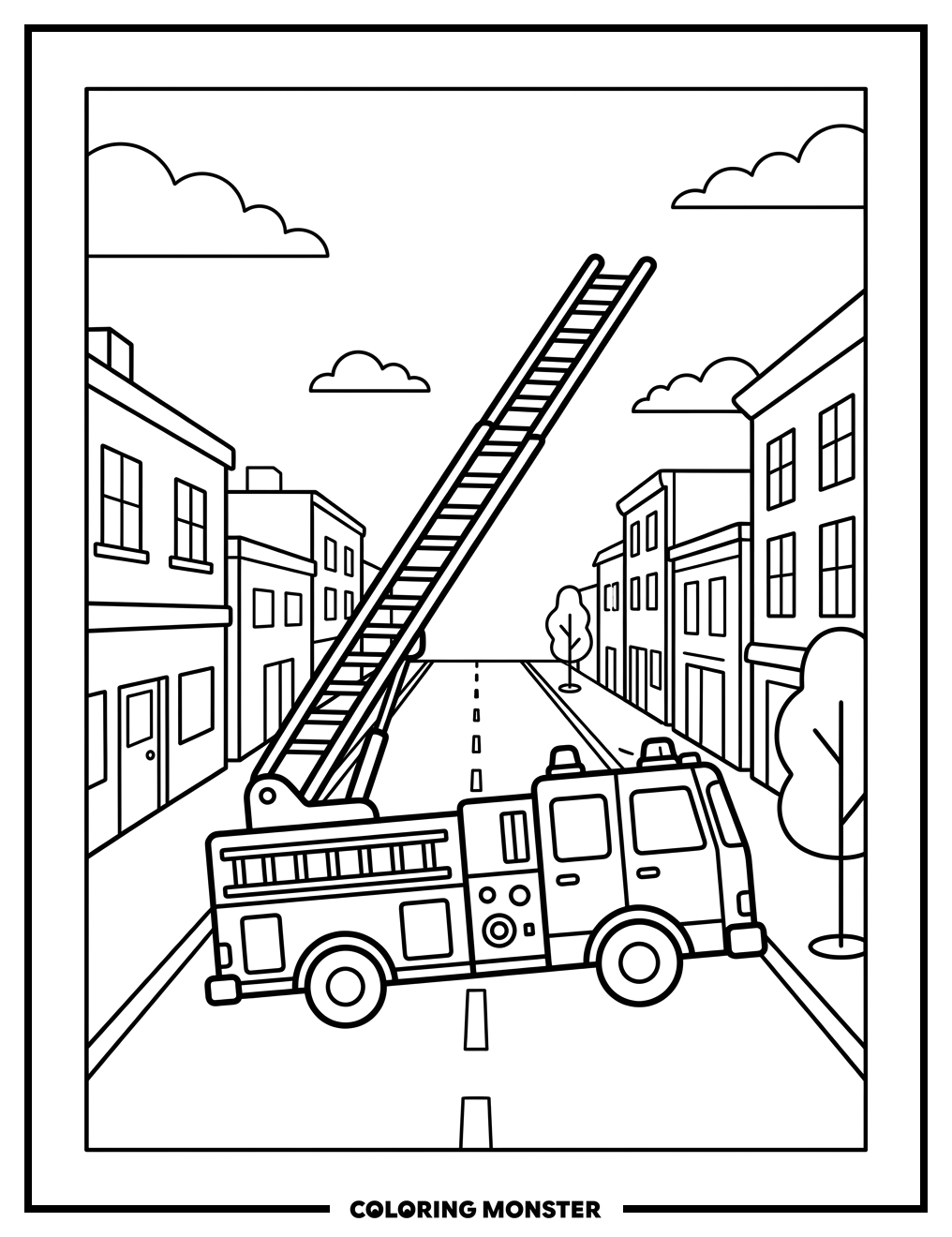 Fire Truck on Town Street Coloring Page