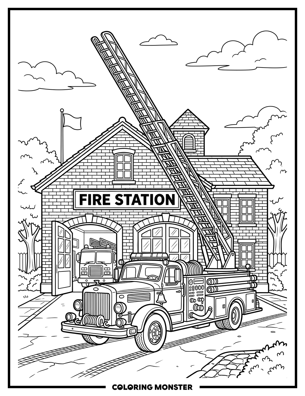 Fire Truck Outside Station Coloring Page