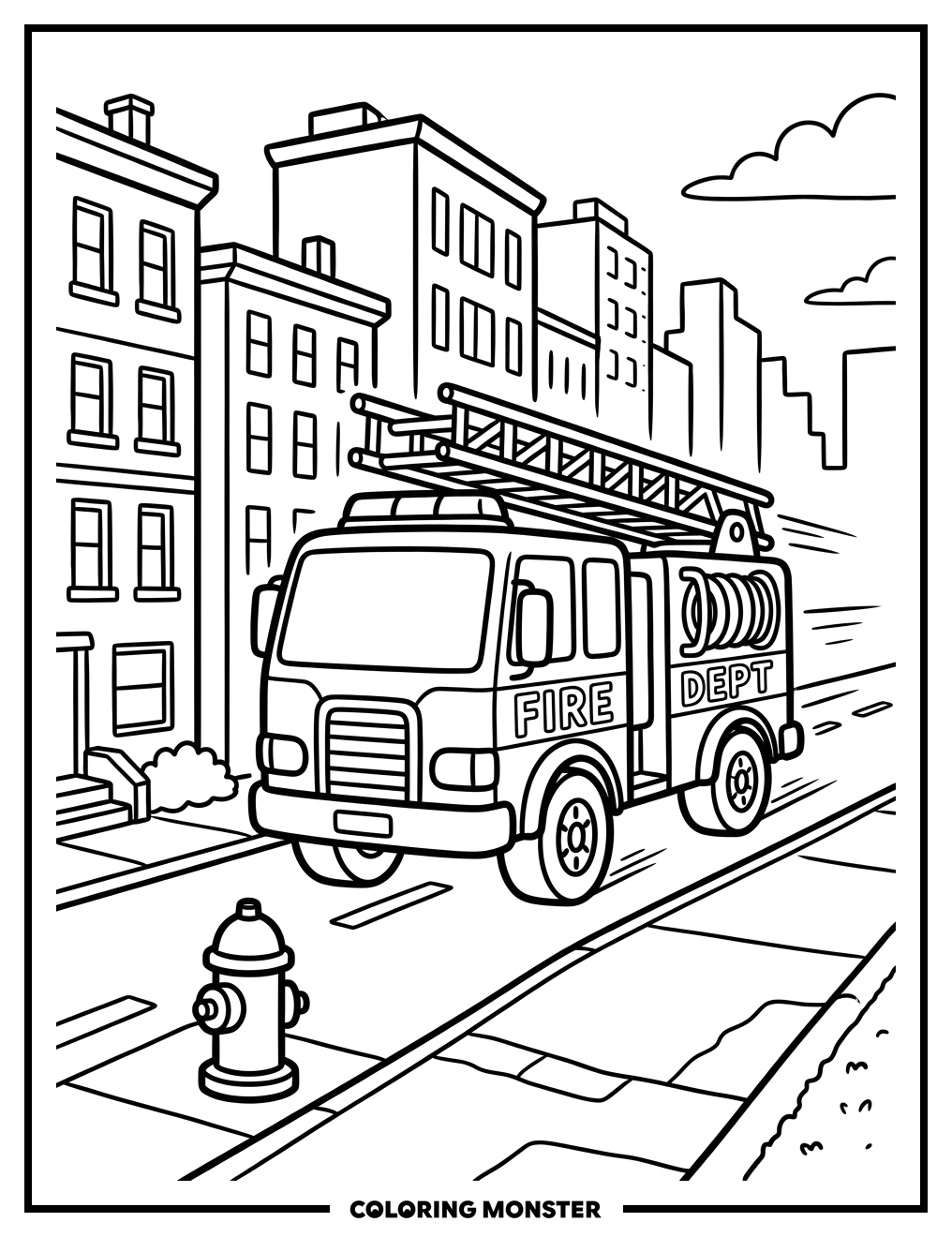Fire Truck Speeds Down City Street Coloring Page