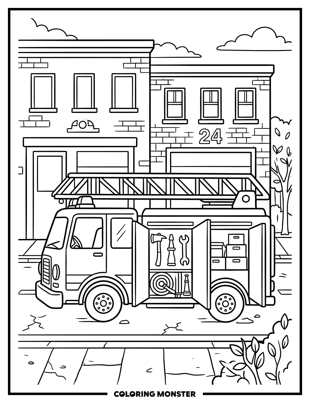 Fire Truck with Open Doors Coloring Page