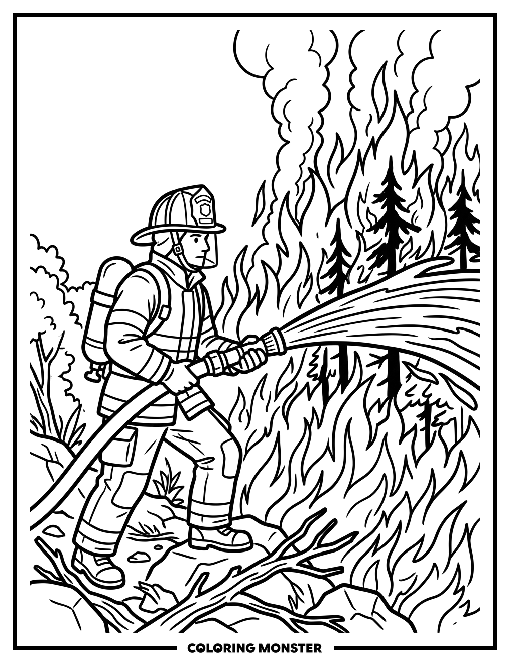 Firefighter Battling Forest Fire Coloring Page