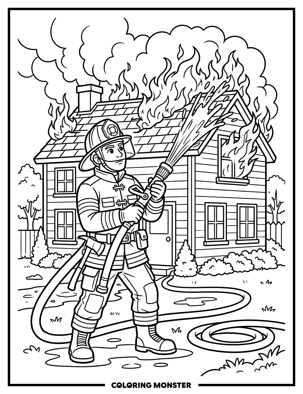 Firefighter Dousing Building Fire Coloring Page