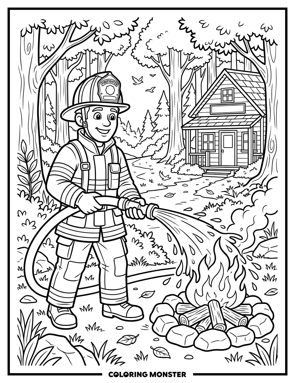 Firefighter Dousing Campfire Coloring Page