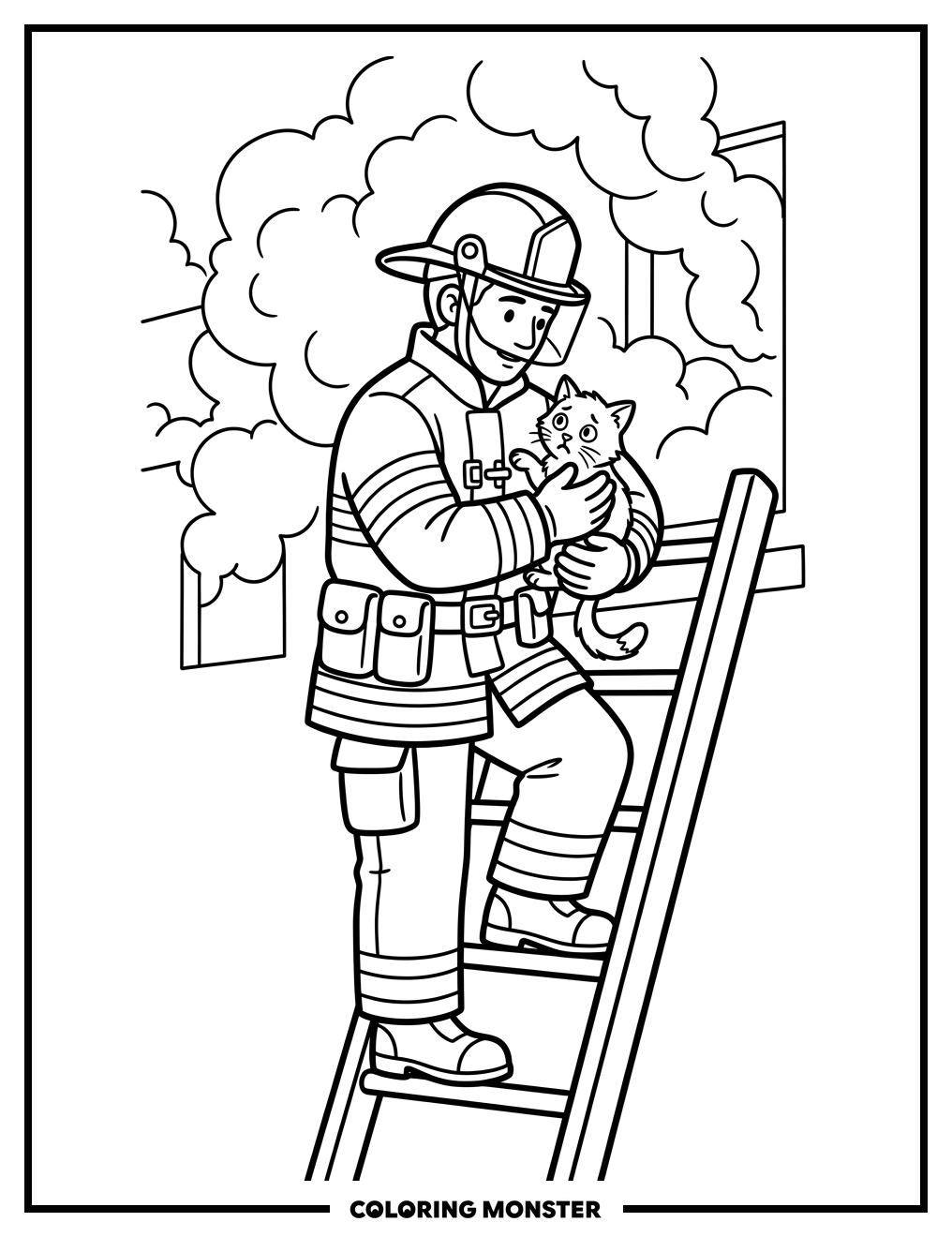 Firefighter Rescues Cat Coloring Page