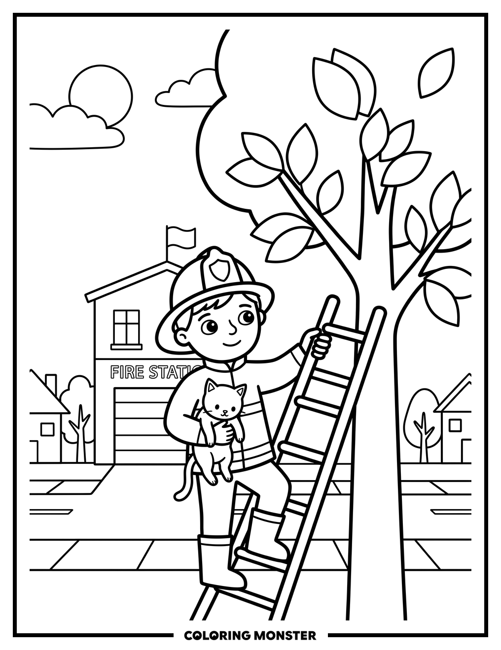 Firefighter Rescues Kitten From Tree Coloring Page
