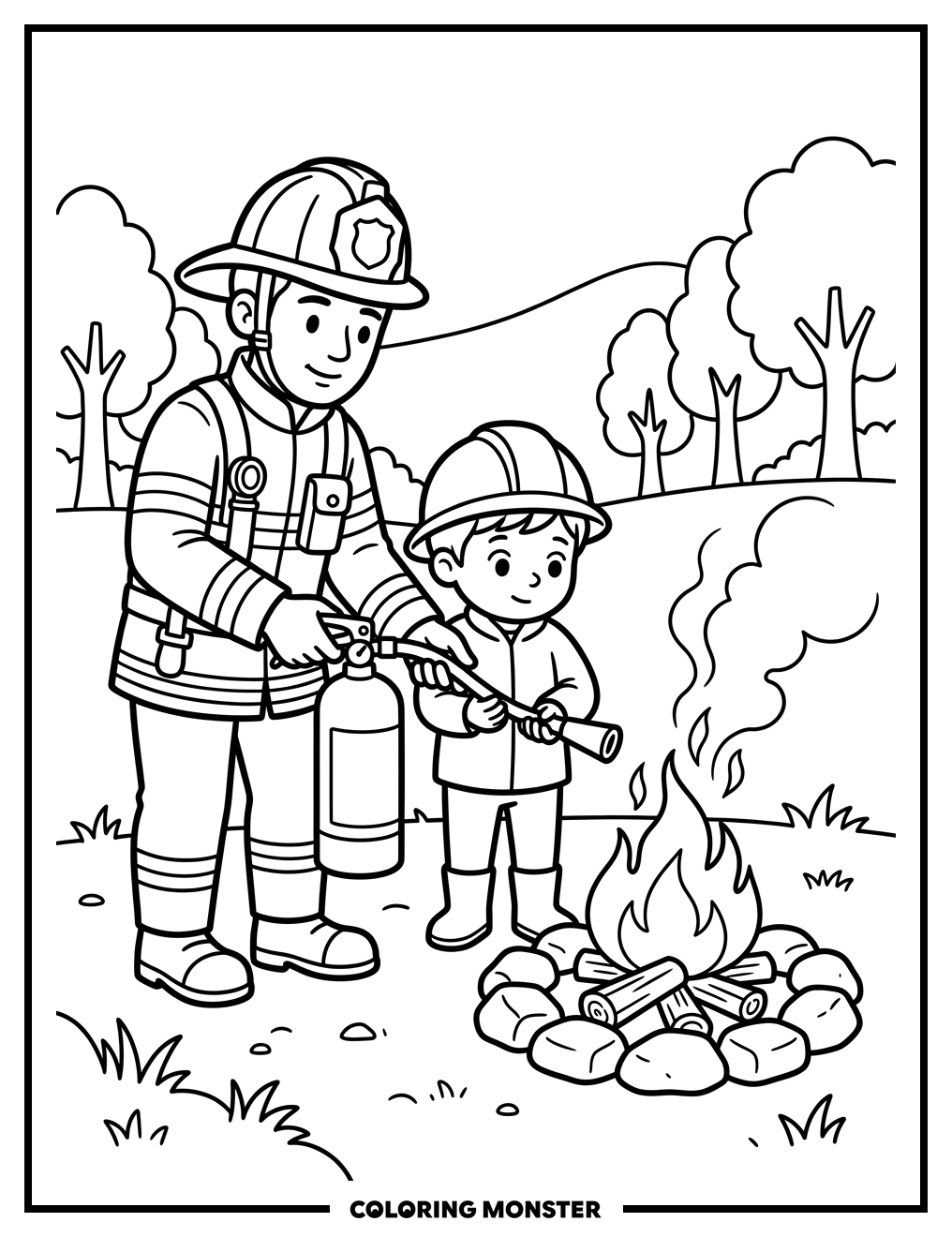 Firefighter Teaches Child About Fire Safety Coloring Page