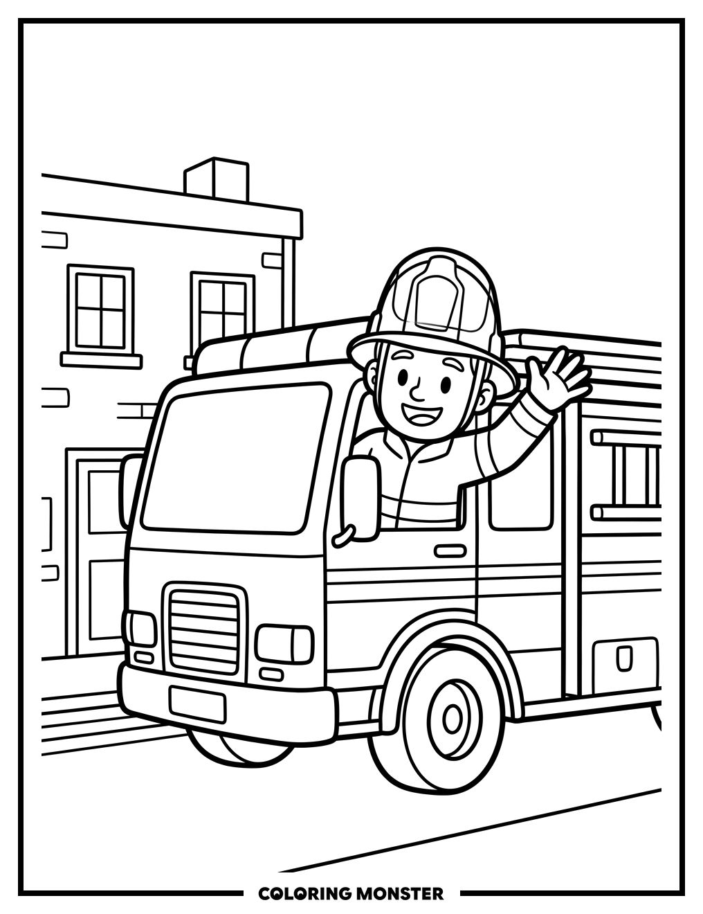 Firefighter Waving from Fire Truck Coloring Page