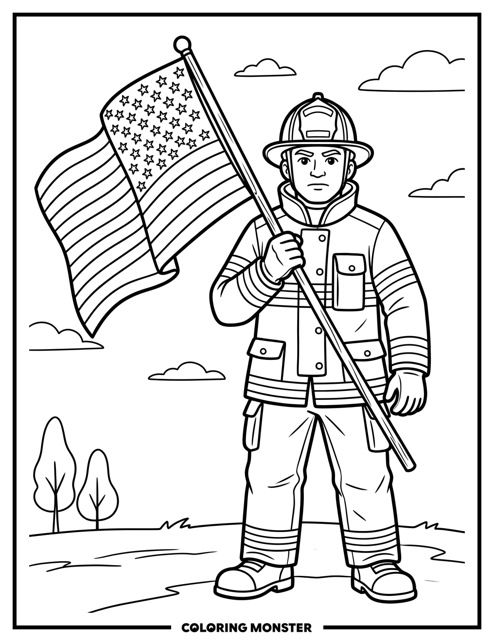 Firefighter With American Flag Coloring Page