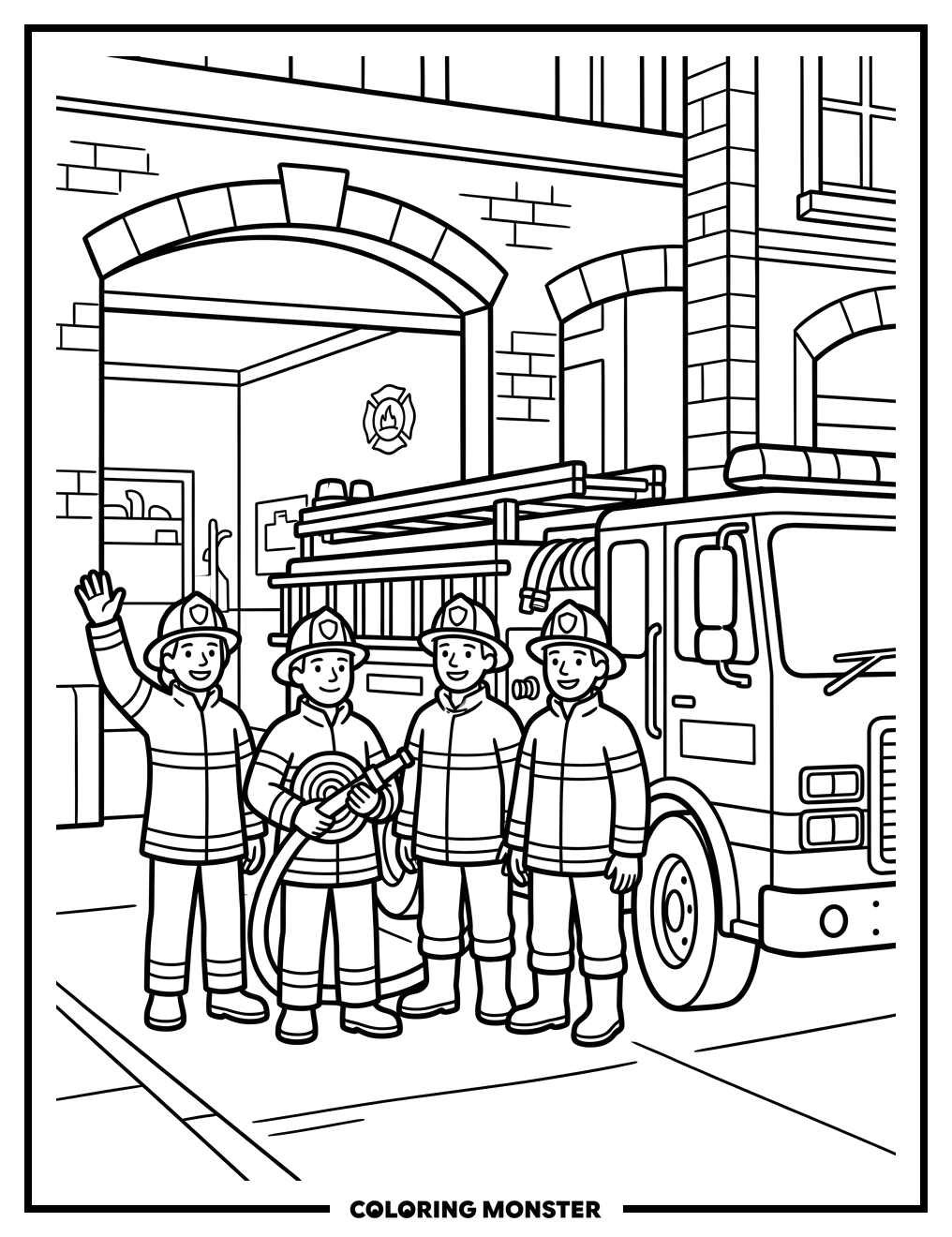 Firefighters Beside Fire Truck Coloring Page